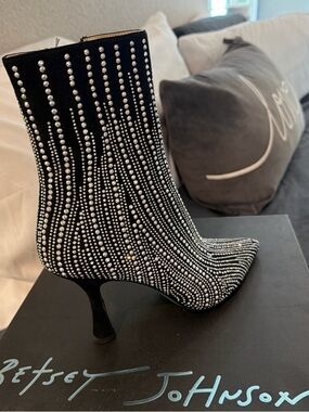 Betsey Johnson Black Crystal-Strewn Pointed Toe Ankle Boots